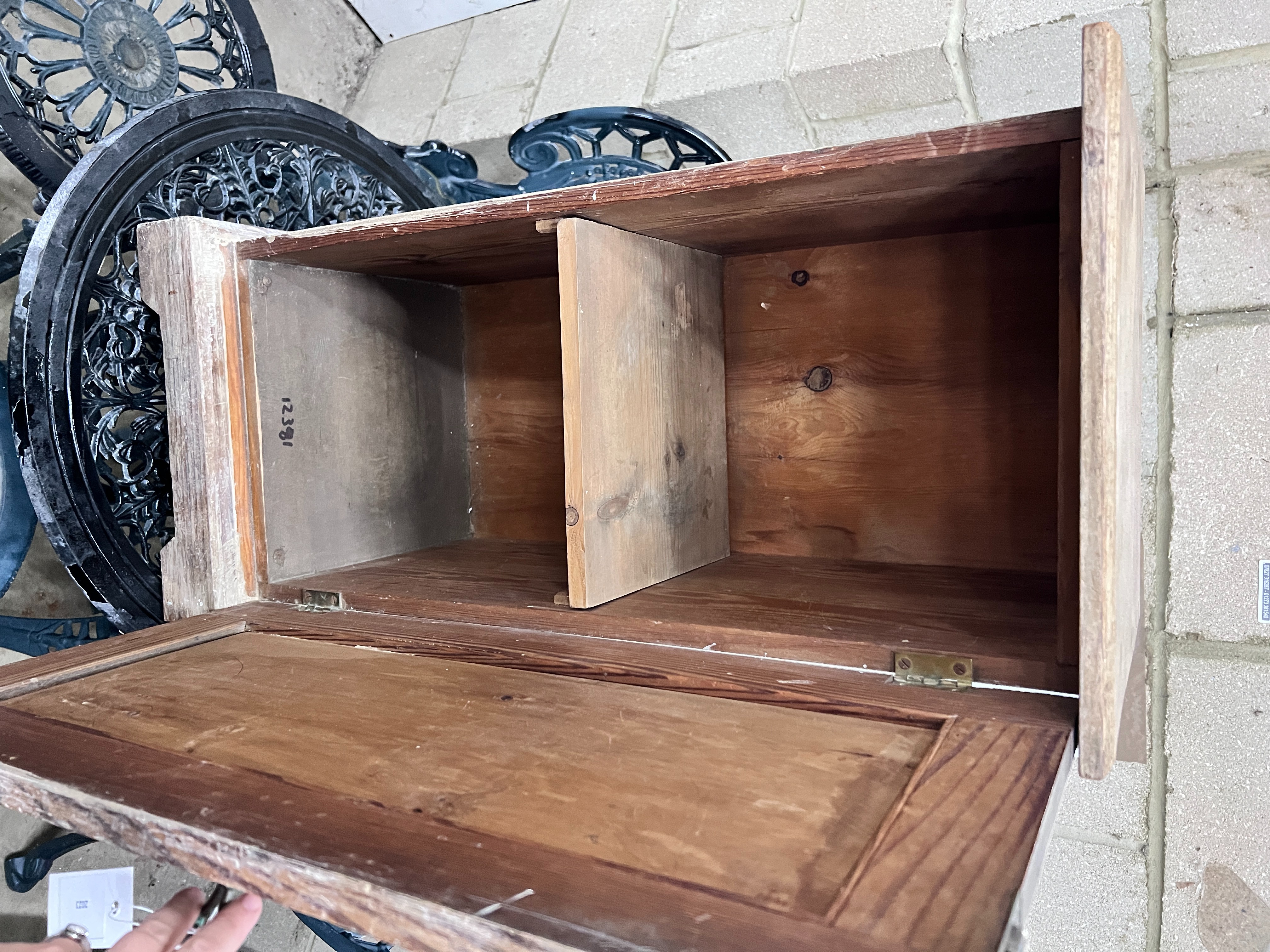 An Edwardian pitch pine bedside cabinet, width 36cm, height 76cm